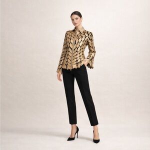 Gold metallic Tan Leather Jacket leaf black mesh